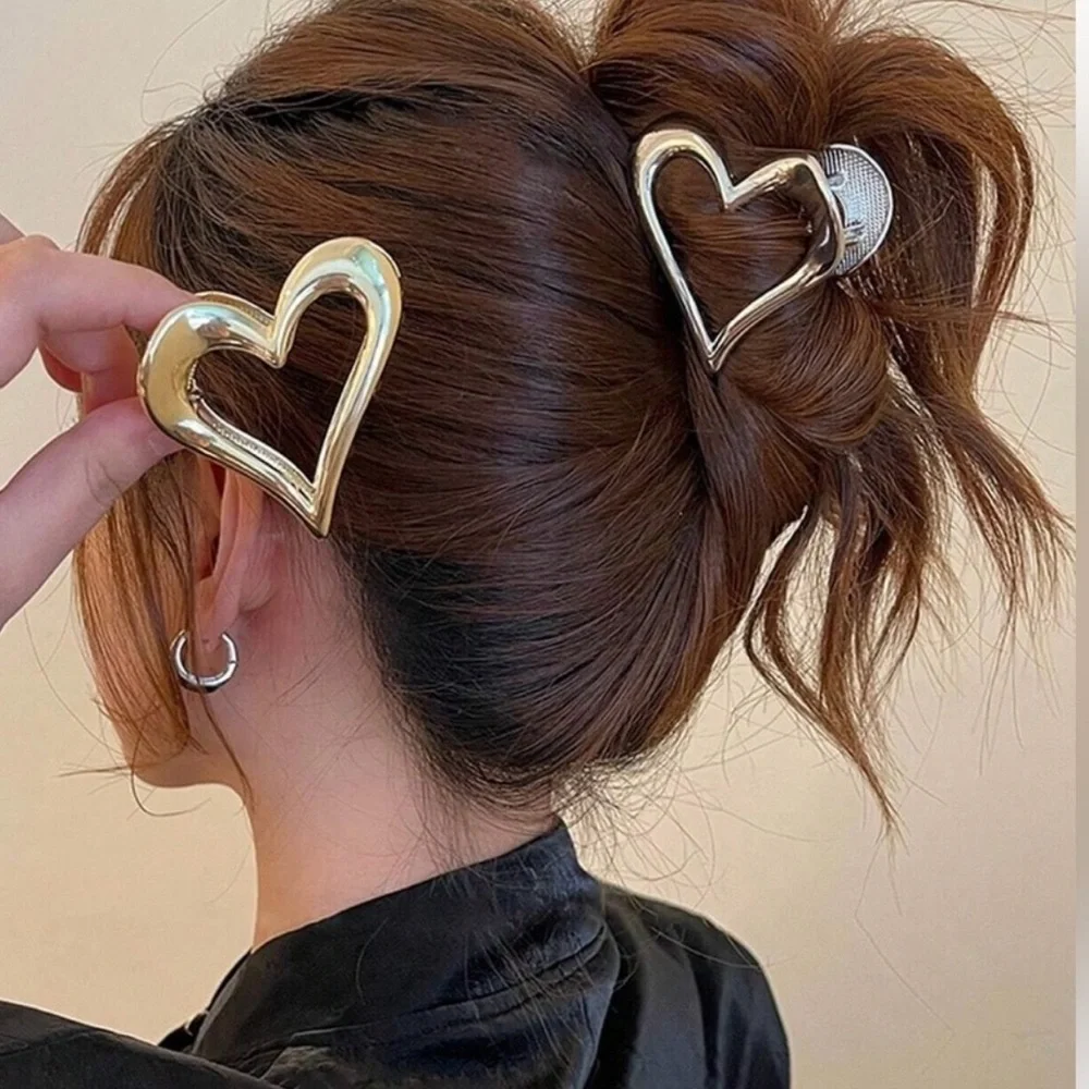 3pc Heart hair accessory set gold jewelry barrette claw clip teen prom bridal